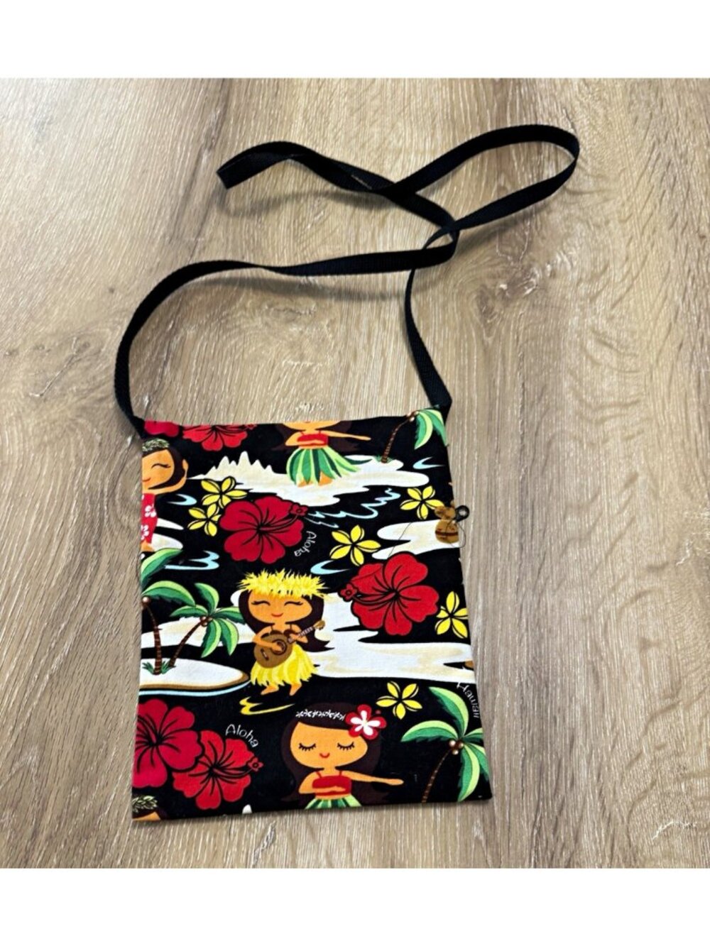 Nani Island Hawaiian Floral Crossbody Bag Black Multi-Zip Zipper Closure